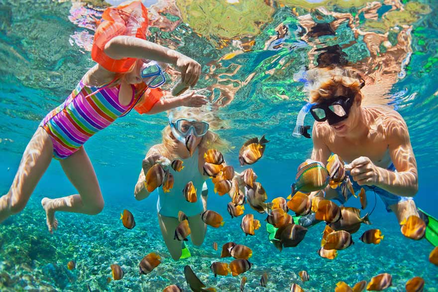 Familia haciendo snorkel en las aguas de Punta Cana